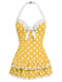 1940s Polka Dots Halter One-Piece Swimsuit, classic vintage style summer beach collection