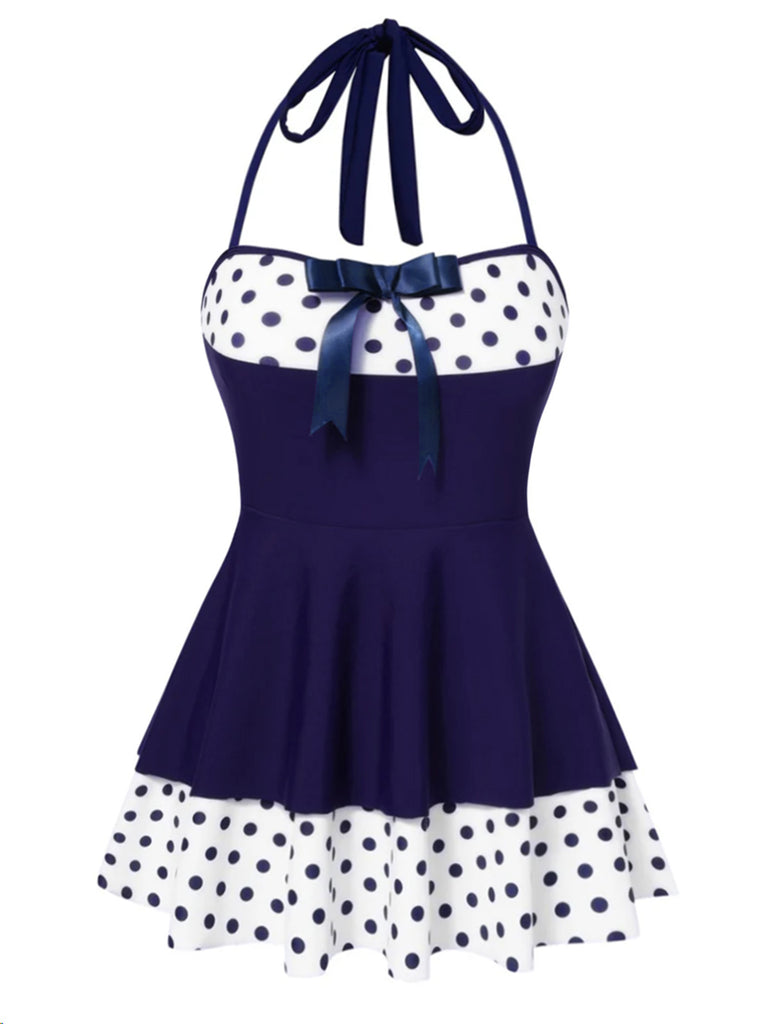 1940s Polka Dots Patchwork Halter Swimdress | vintage dress, retro fashion, elegant style - perfect for retro fashion enthusiasts