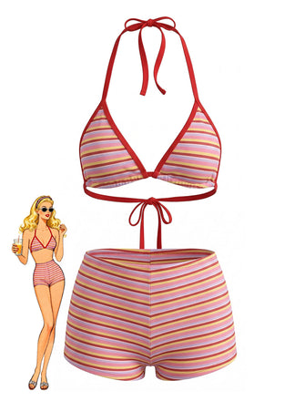 Red 1940s Striped Halter Ribbed Triangle Bikini Set - vintage fashion, retro style, elegant red