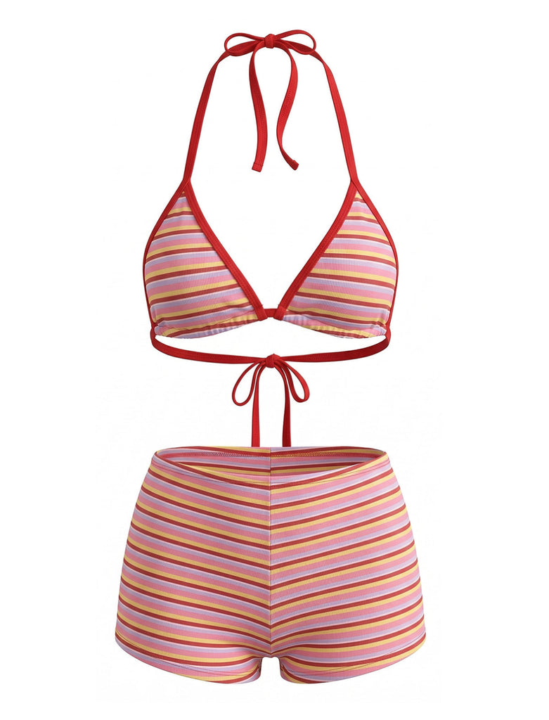 Red 1940s Striped Halter Ribbed Triangle Bikini Set - vintage fashion, retro style, elegant red