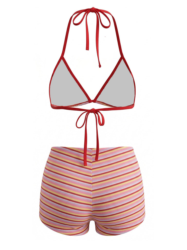 Red 1940s Striped Halter Ribbed Triangle Bikini Set - vintage fashion, retro style, elegant red