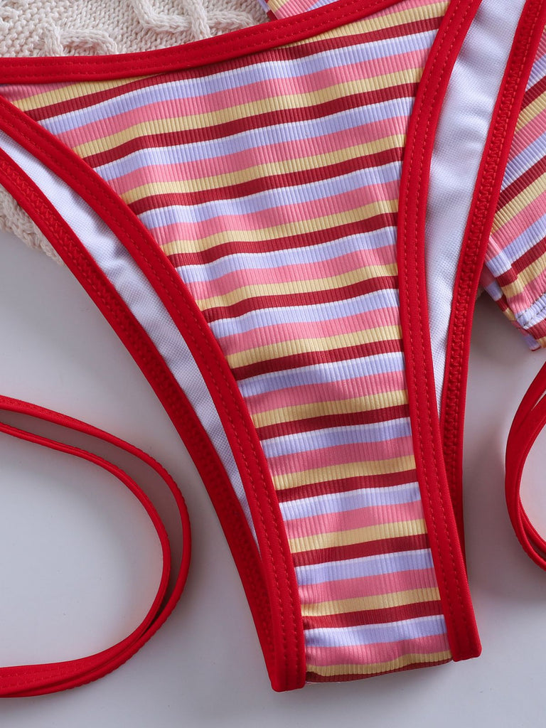 Red 1940s Striped Halter Ribbed Triangle Bikini Set - vintage fashion, retro style, elegant red