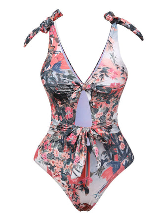 1940s Retro Pictorial Hollow One-Piece Swimsuit, vintage swimsuit, pin-up swimwear - perfect for women who love vintage and retro fashion