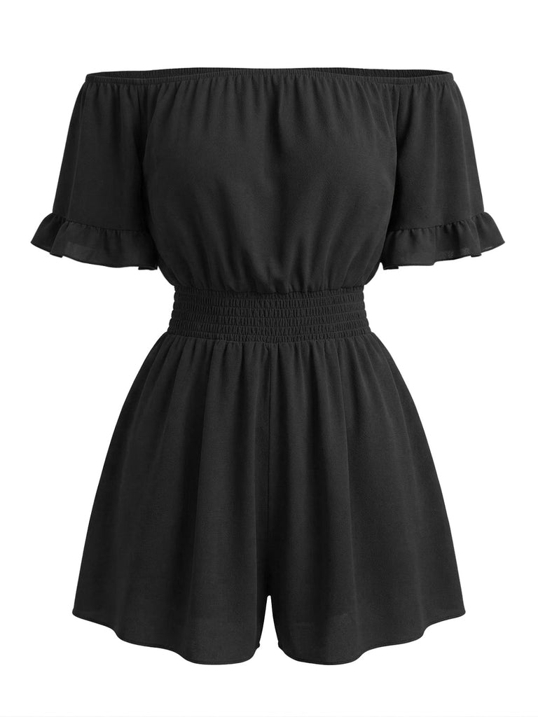 1940s Solid Off Shoulder Ruffle Sleeve Smocked Waist Romper - vintage jumpsuit, retro fashion