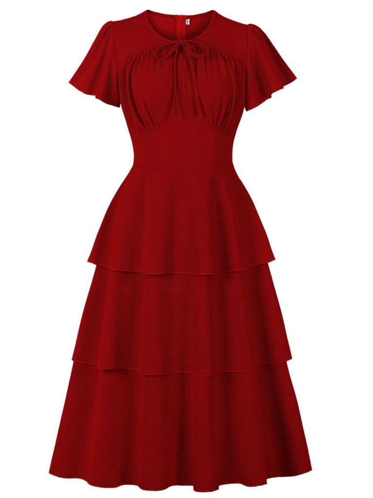 1940s Round Neck Bow Solid Tiered Dress - vintage dress, retro fashion, elegant red