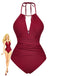 1940s Ruched Deep-V Halter One-Piece Swimsuit - vintage swimsuit, pin-up style