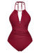 1940s Ruched Deep-V Halter One-Piece Swimsuit - vintage swimsuit, pin-up style
