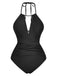1940s Ruched Deep-V Halter One-Piece Swimsuit - vintage swimsuit, pin-up style
