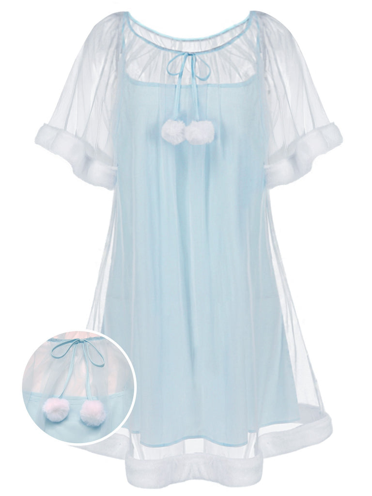 1940s Ruffle Sleeve Plush Trim Tulle Nightgown - vintage nightgown, retro sleepwear