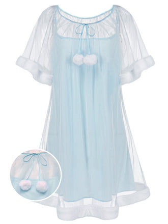 1940s Ruffle Sleeve Plush Trim Tulle Nightgown - vintage nightgown, retro sleepwear