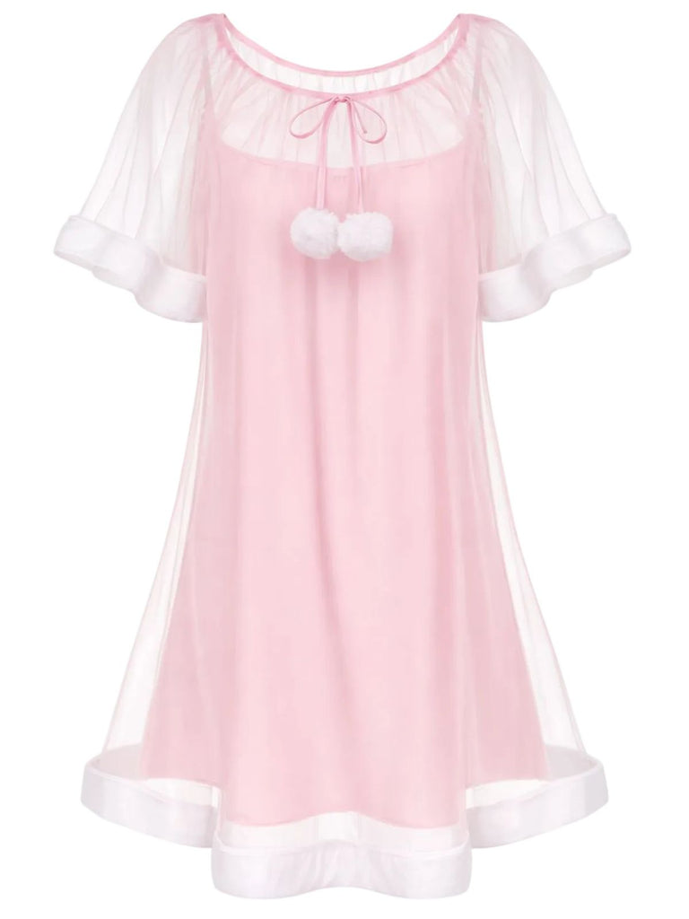 1940s Ruffle Sleeve Plush Trim Tulle Nightgown - vintage nightgown, retro sleepwear