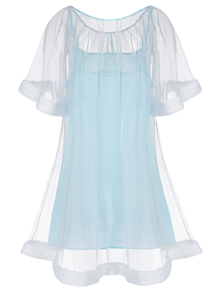 1940s Ruffle Sleeve Plush Trim Tulle Nightgown: beautiful vintage lingerie, retro nightgown, elegant sleepwear with timeless appeal