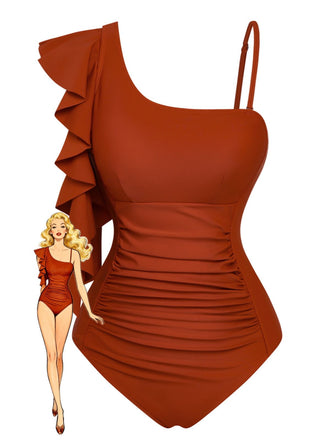 1940s Ruffled Asymmetrical Neck One-Piece Swimsuit - vintage swimsuit, pin-up swimwear for vintage lovers
