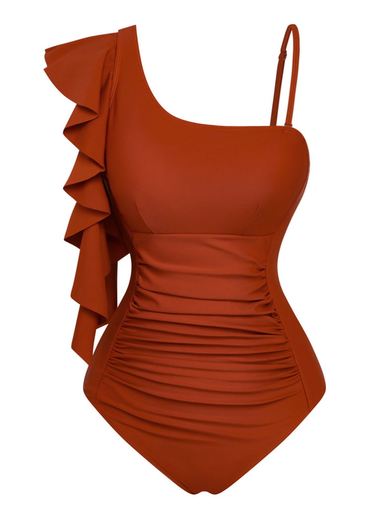 1940s Ruffled Asymmetrical Neck One-Piece Swimsuit - vintage swimsuit, pin-up swimwear for vintage lovers