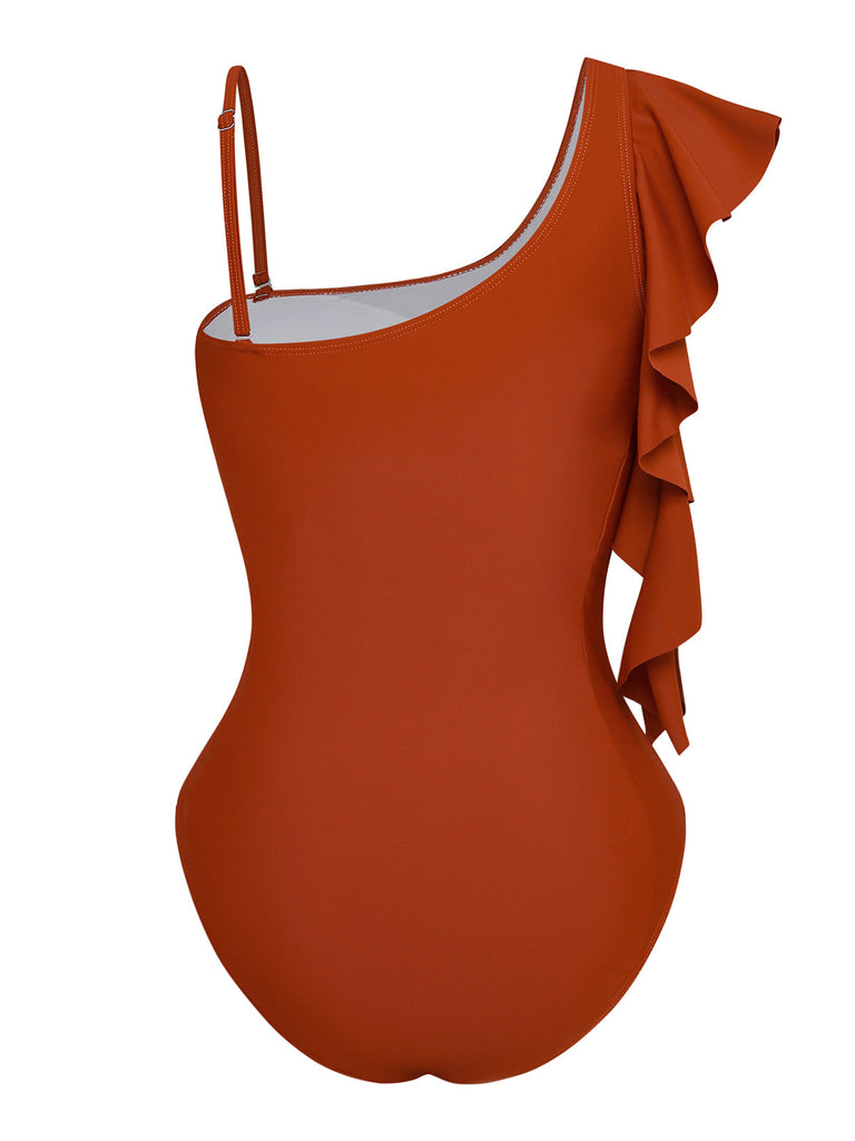 1940s Ruffled Asymmetrical Neck One-Piece Swimsuit - vintage swimsuit, pin-up swimwear for vintage lovers