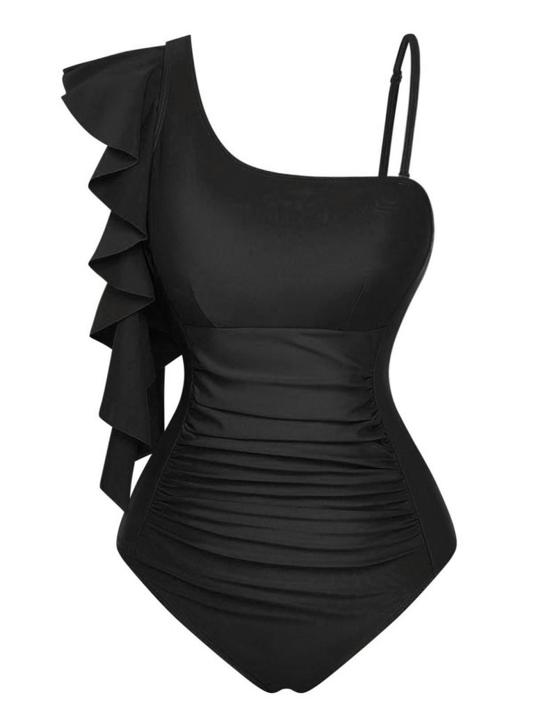 1940s Ruffled Asymmetrical Neck One-Piece Swimsuit - vintage swimsuit, pin-up swimwear for vintage lovers
