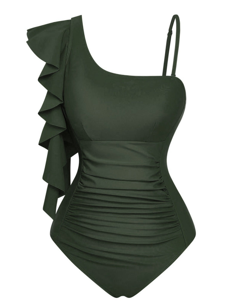 1940s Ruffled Asymmetrical Neck One-Piece Swimsuit - vintage swimsuit, pin-up swimwear for vintage lovers