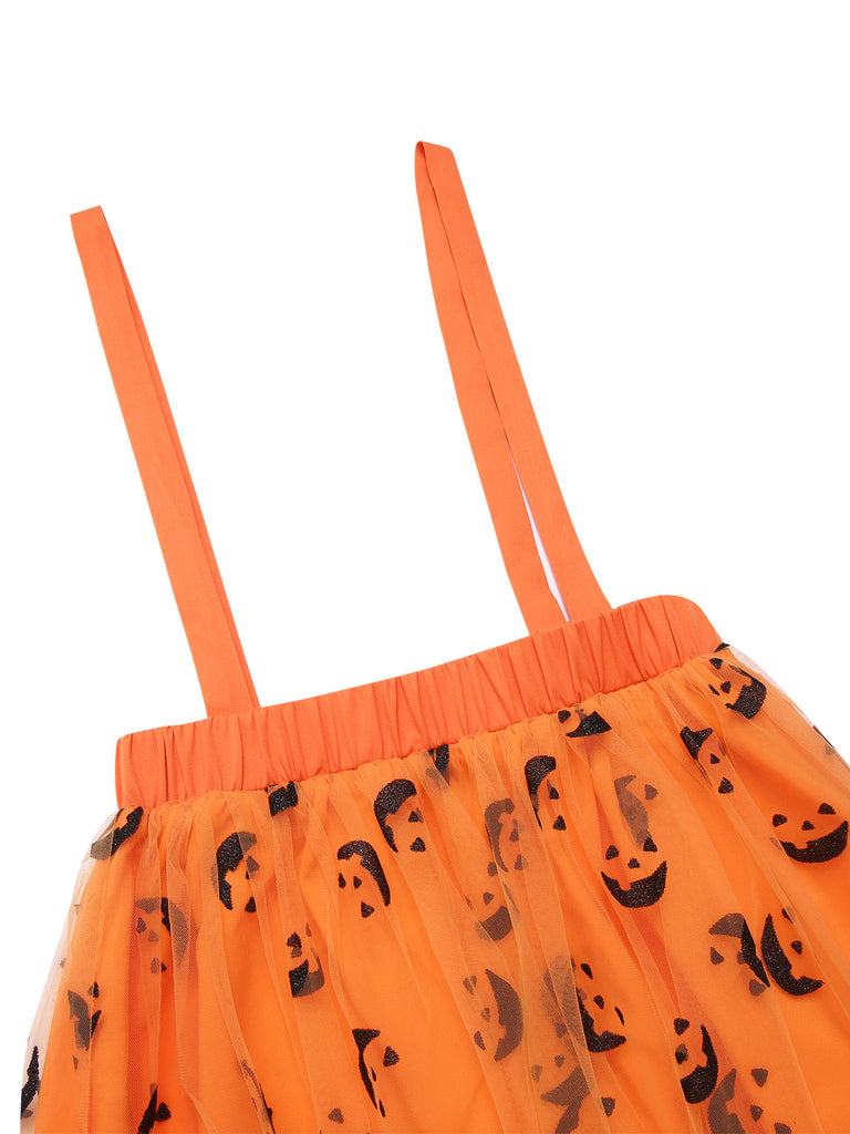 Orange 1940s Halloween Smiley Face Mesh Suspender Skirt - vintage skirt, retro style