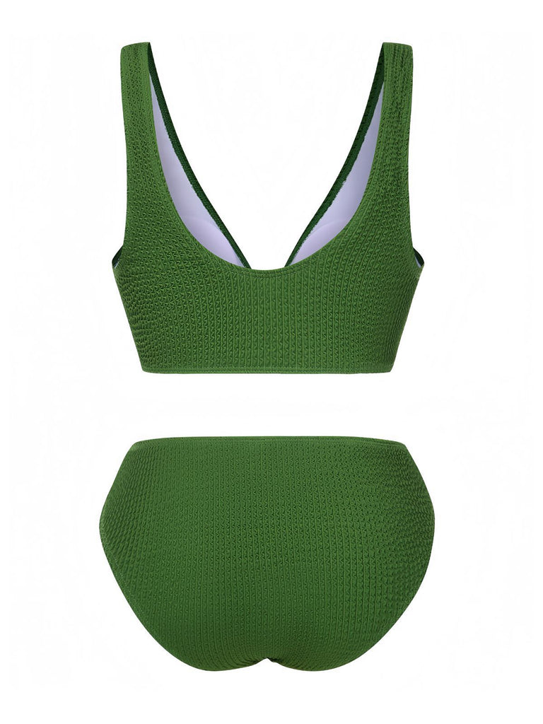 1940s Solid Bowknot Textured Fabric Swimsuit: 1940s Riviera elegance, reimagined for her
