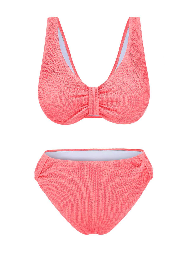 1940s Solid Bowknot Textured Fabric Swimsuit — 1940s poolside glamour meets sun-drenched confidence