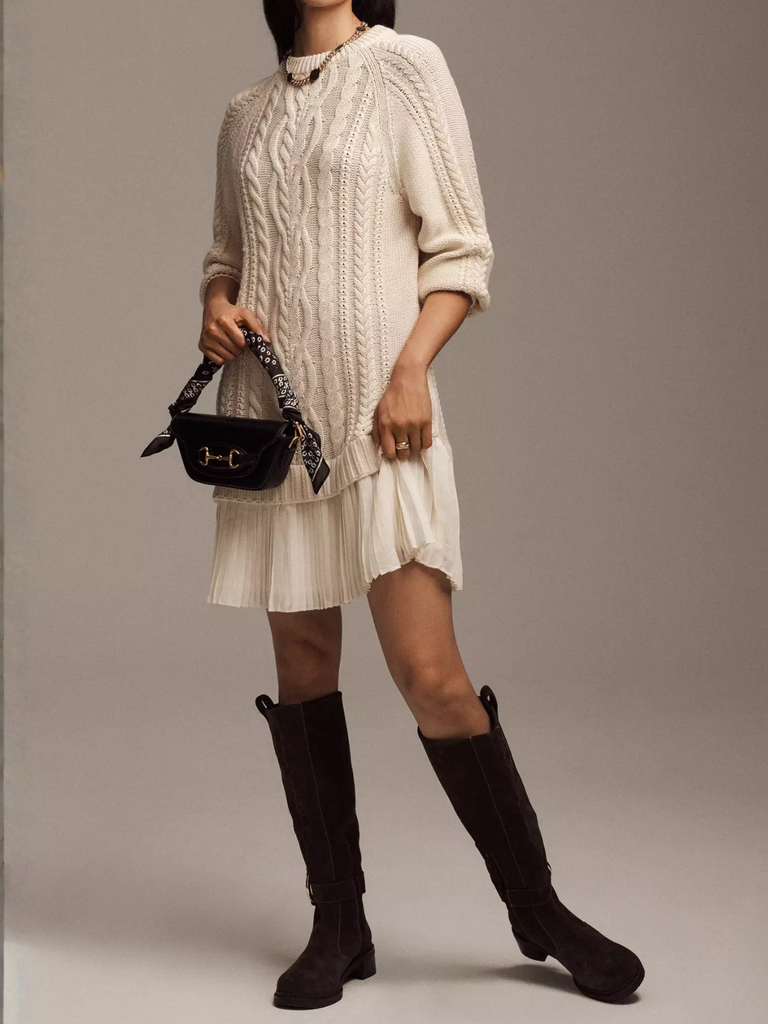 1940s Solid Cable Knit Pleated Hem Sweater Dress - vintage dress, retro fashion