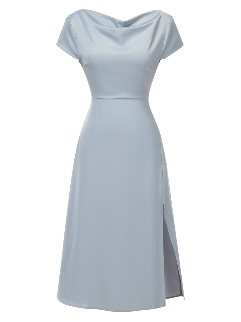 She slips into this 1940s Solid Cowl Neck Satin Back Cutout Dress and suddenly it's a 1940s daydream