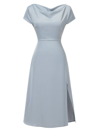 She slips into this 1940s Solid Cowl Neck Satin Back Cutout Dress and suddenly it's a 1940s daydream