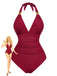 1940s Solid Deep V Halter Ruched One-Piece Swimsuit - vintage swimsuit, pin-up style