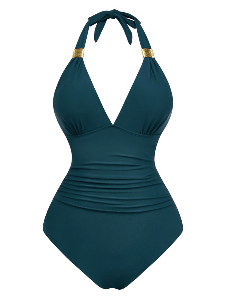 1940s Solid Deep V Halter Ruched One-Piece Swimsuit - vintage swimsuit, pin-up style