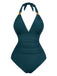 1940s Solid Deep V Halter Ruched One-Piece Swimsuit - vintage swimsuit, pin-up style