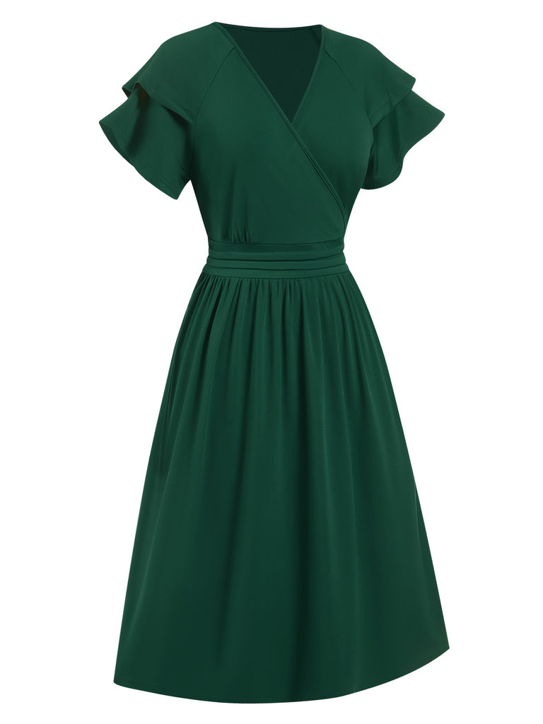 1940s Solid Double Sleeves V-Neck Dress, vintage dress, retro fashion - perfect for women who love vintage and retro fashion