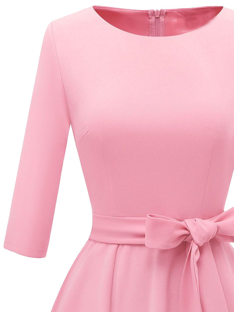 1940s Solid Fit Bow 3/4 Sleeves Swing Dress - vintage dress, retro fashion, rockabilly