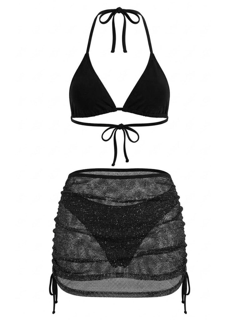1940s Solid Halter Bikini Set & Crochet Cover-Up: beautiful vintage swimwear, retro swimsuit, pin-up style with timeless appeal