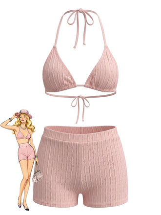 1940s Halter Triangle Textured Bikini Set 5