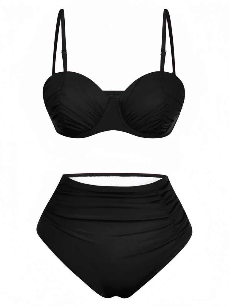 1940s Solid High-Waisted Ruched Bikini Set - vintage fashion, retro style
