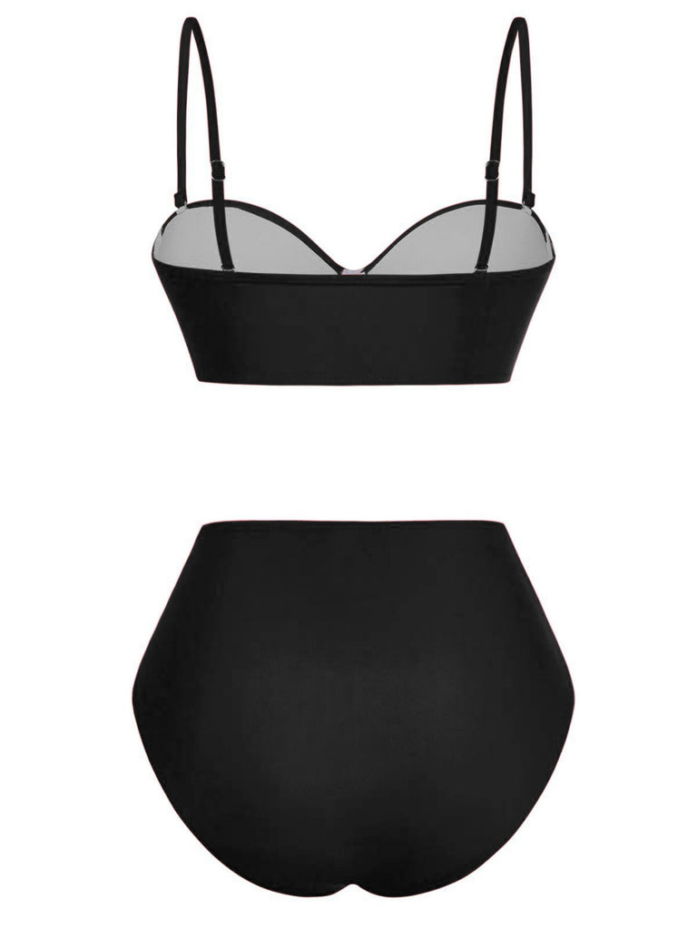 1940s Solid High-Waisted Ruched Bikini Set - vintage fashion, retro style
