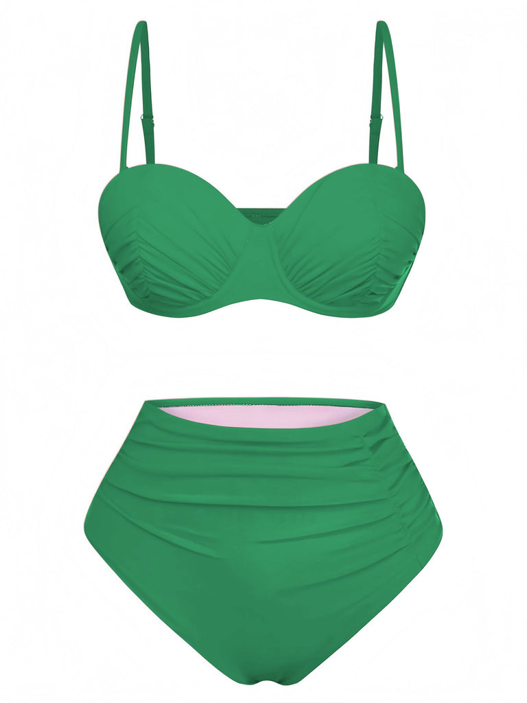 1940s Solid High-Waisted Ruched Bikini Set - vintage fashion, retro style