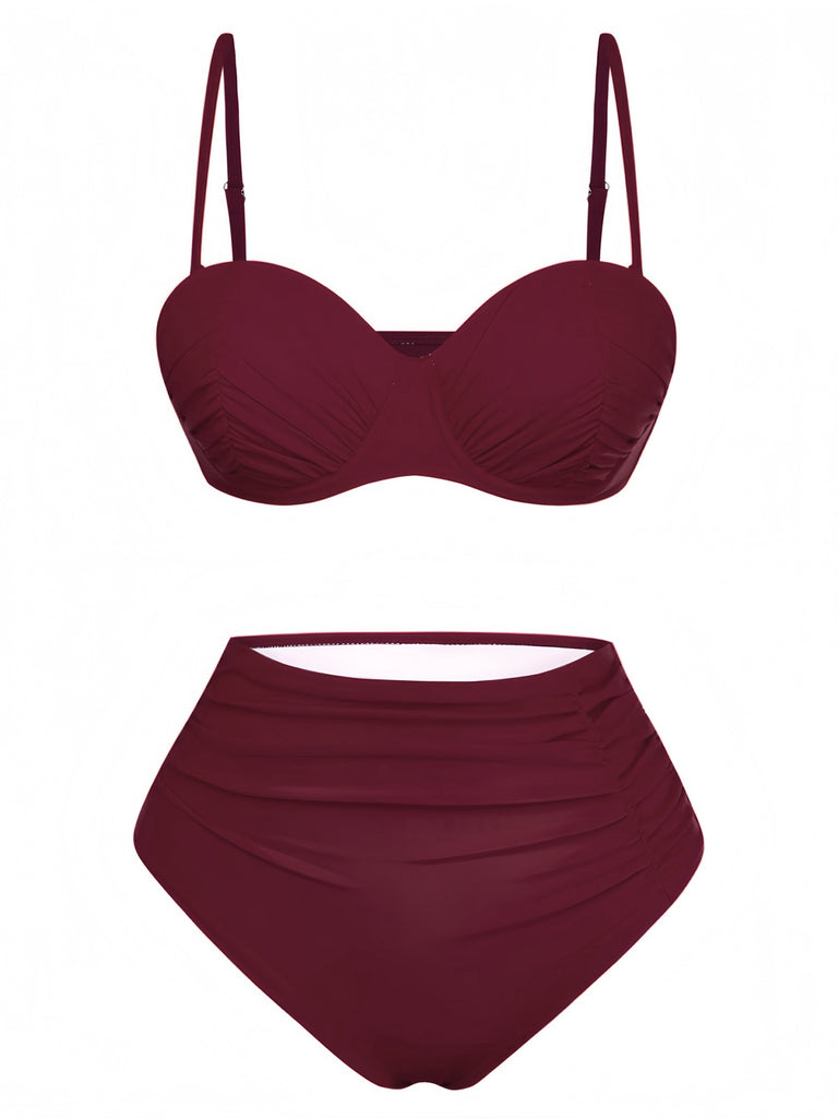 1940s Solid High-Waisted Ruched Bikini Set - vintage fashion, retro style