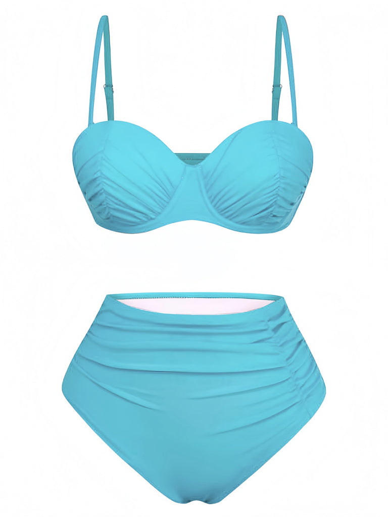 1940s Solid High-Waisted Ruched Bikini Set - vintage fashion, retro style
