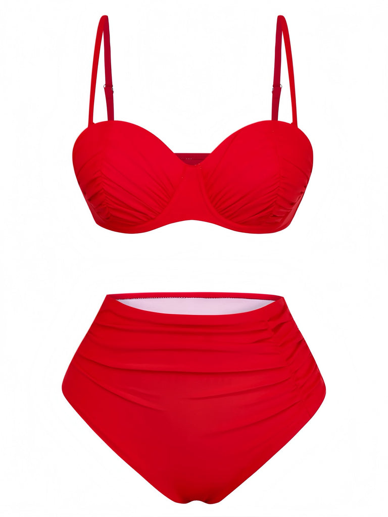 1940s Solid High-Waisted Ruched Bikini Set - vintage fashion, retro style