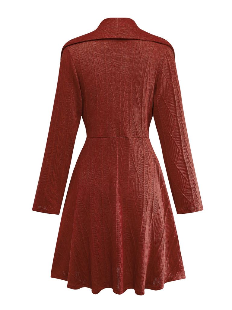 1940s Solid Knitted Big V-Neck Button Dress - vintage dress, retro fashion