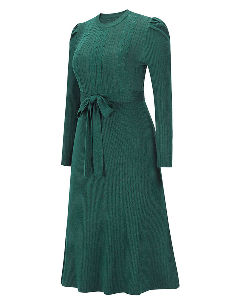 1940s Solid Knitted Lantern A-line Belt Dress — vintage elegance for the modern woman