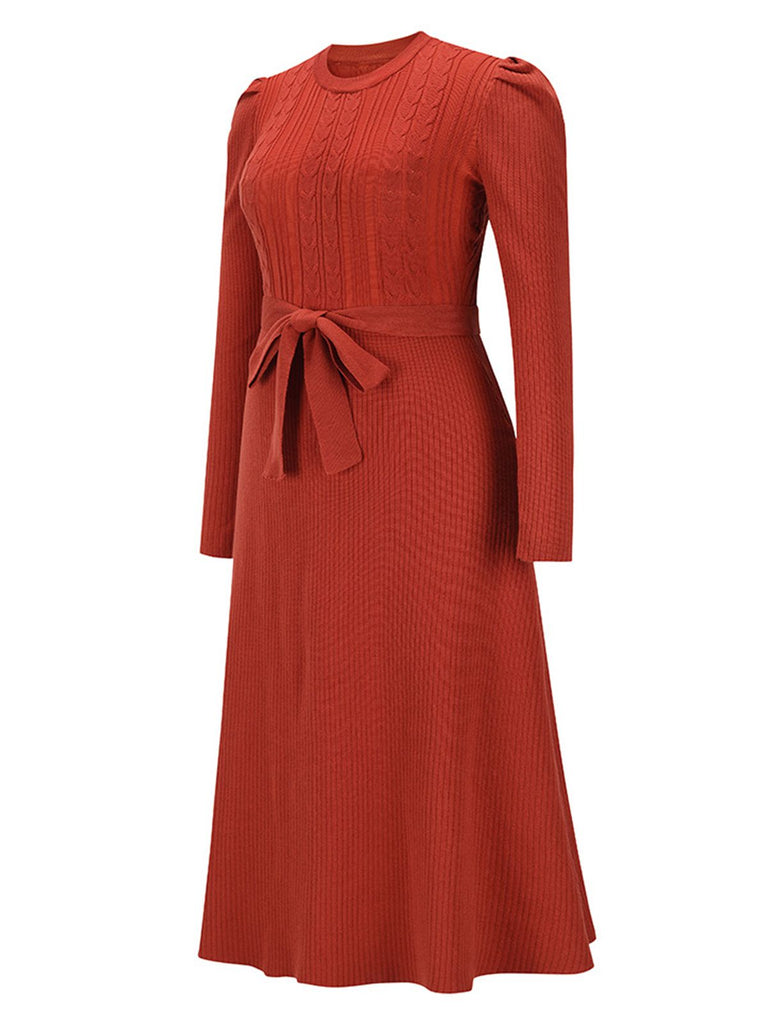 1940s Solid Knitted Lantern A-line Belt Dress — vintage elegance for the modern woman