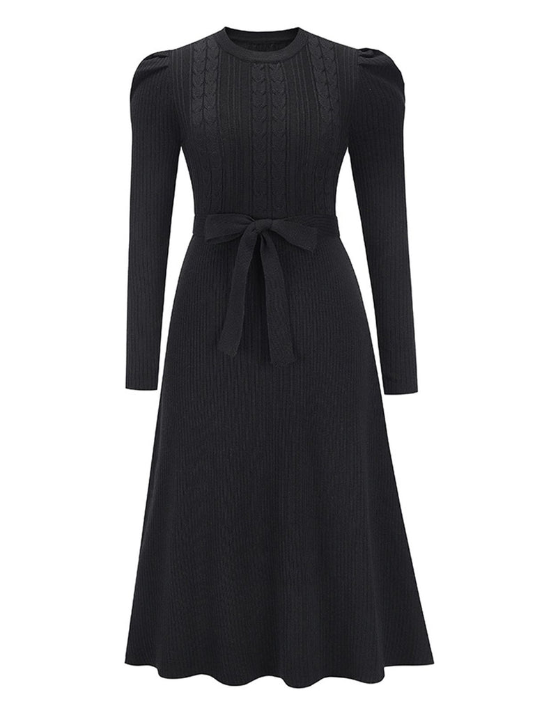 1940s Solid Knitted Lantern A-line Belt Dress: timeless style reimagined