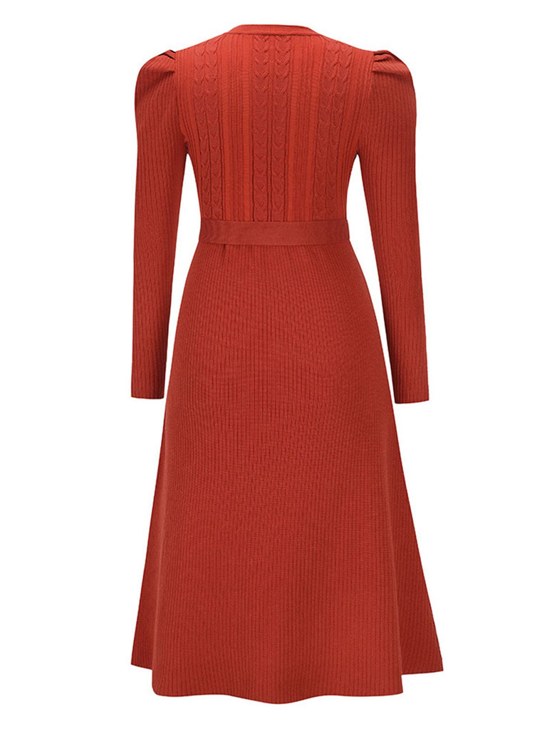 1940s Solid Knitted Lantern A-line Belt Dress — vintage elegance for the modern woman