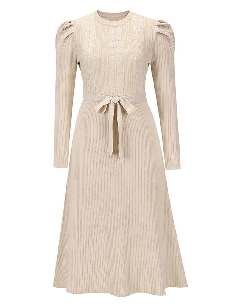1940s Solid Knitted Lantern A-line Belt Dress — vintage elegance for the modern woman
