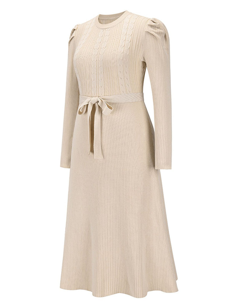 1940s Solid Knitted Lantern A-line Belt Dress — vintage elegance for the modern woman
