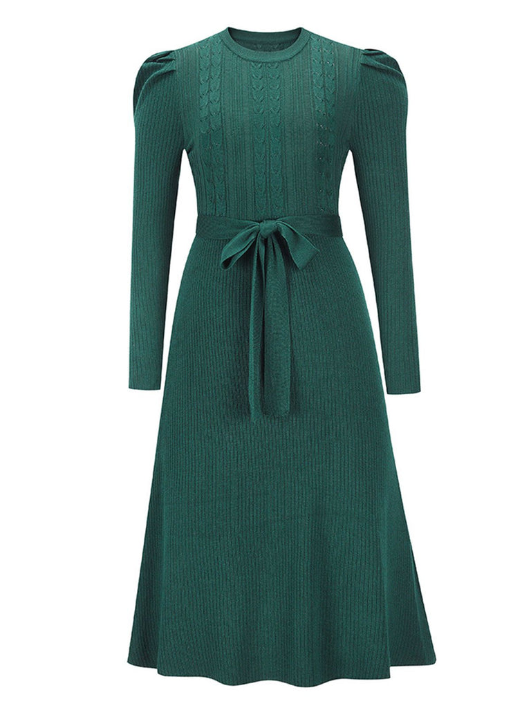 1940s Solid Knitted Lantern A-line Belt Dress: timeless style reimagined