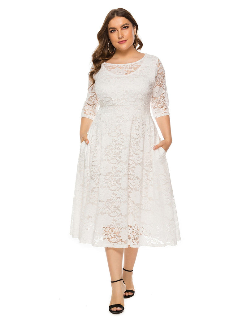 Beige 1940s Lace Midi Swing Dress - vintage dress, retro fashion, rockabilly
