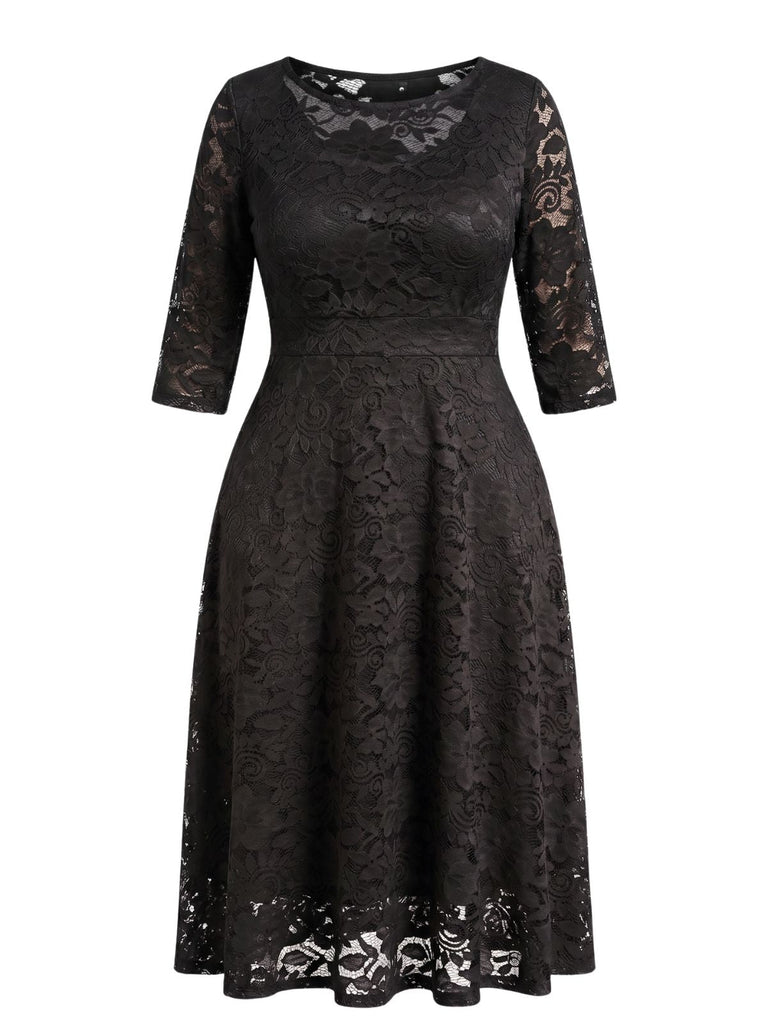 Beige 1940s Lace Midi Swing Dress - vintage dress, retro fashion, rockabilly